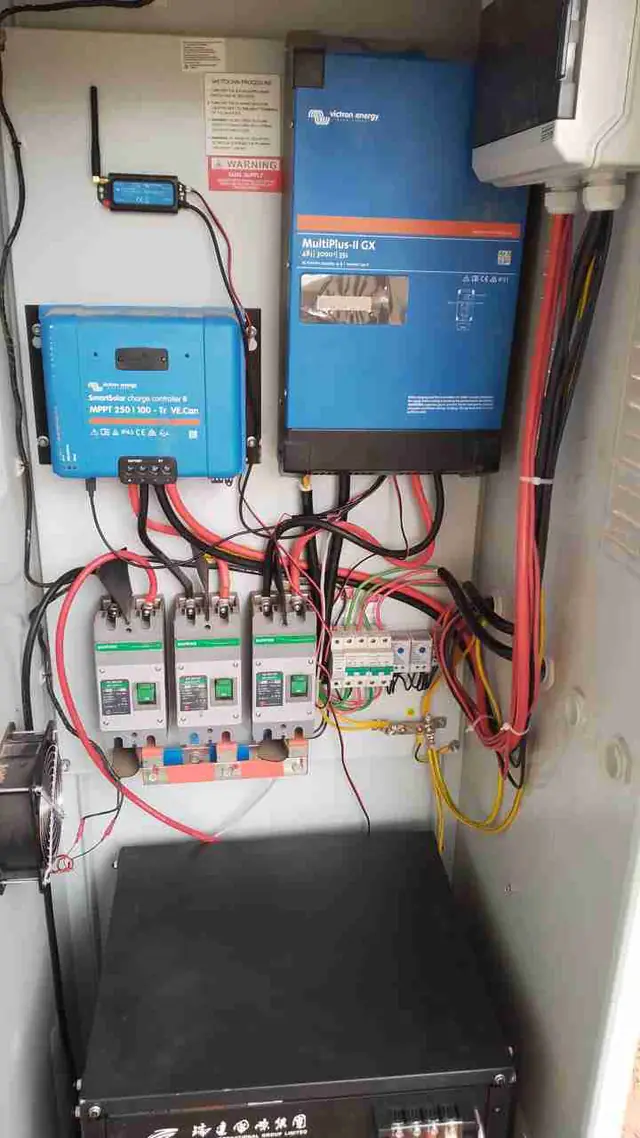 A solar inverter and battery system mounted on a wall